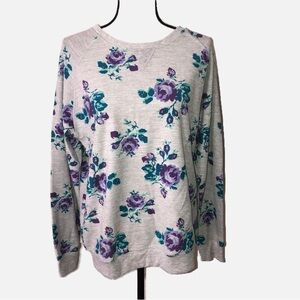 Gray Purple Floral Print Size Medium Terry Sweatshirt Cottagecore Grandma